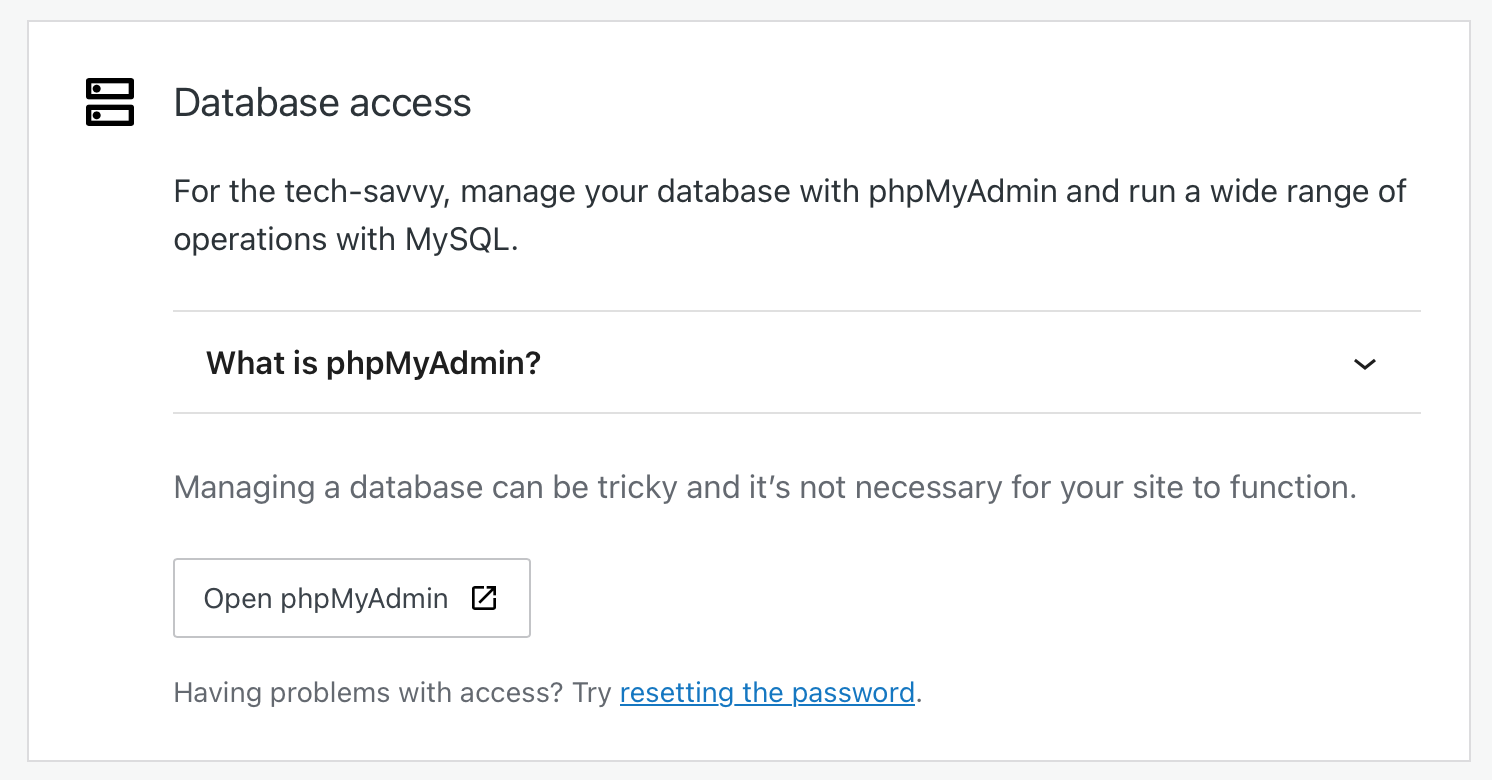 screenshot of database settings
